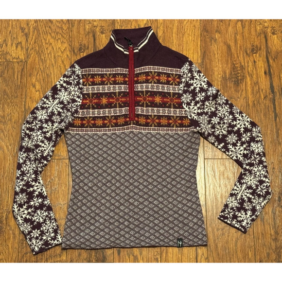 NEVE DESIGNS Julia 1/4 Zip Ski Sweater Eggplant Fair Isle Merino Wool Blend - M - Picture 1 of 8